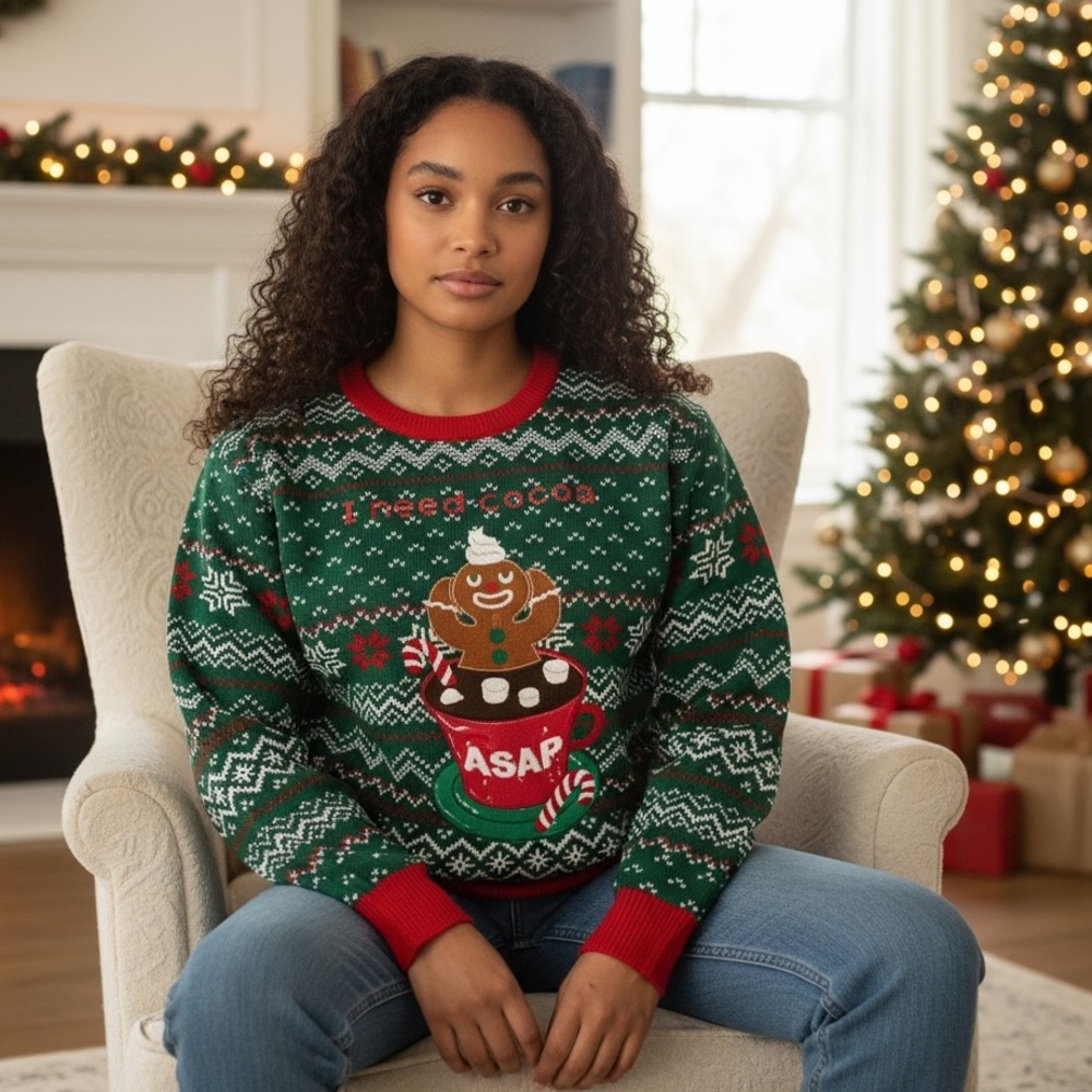 New Womens‎ Giggling Get Up Ugly Christmas Sweater “I need cocoa” Gingerbread XL